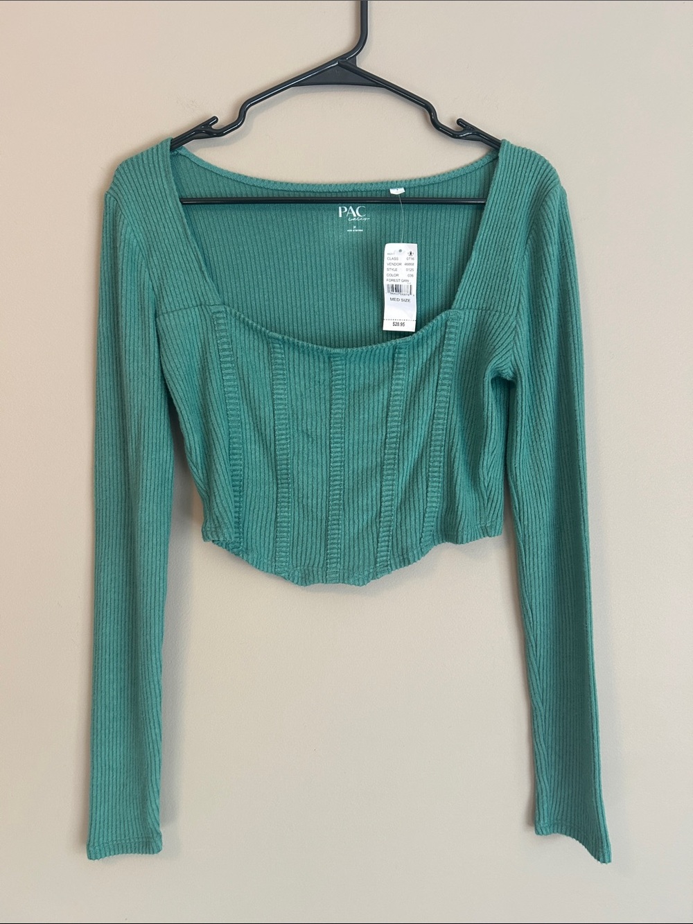 PacSun Ribbed Long-Sleeve Corset-Style Crop Top in Teal Green
